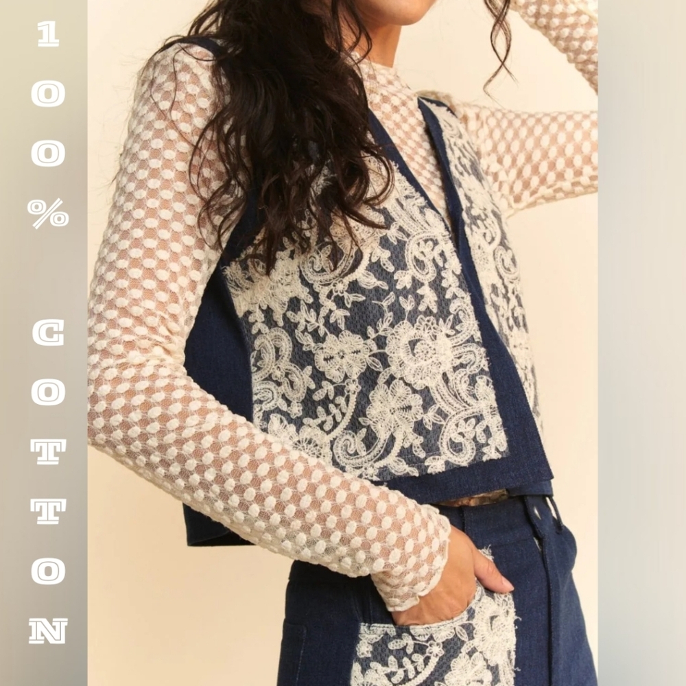 100% Cotton Dark Denim Open-Front Lace Vest